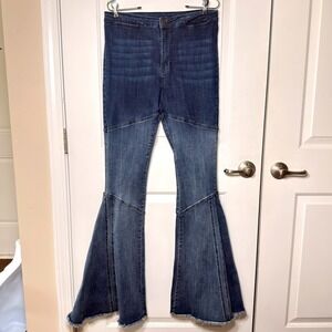 Saints & Hearts High Rise Bell Bottom Flare Jeans Paneled Raw Hem Blue Size L
